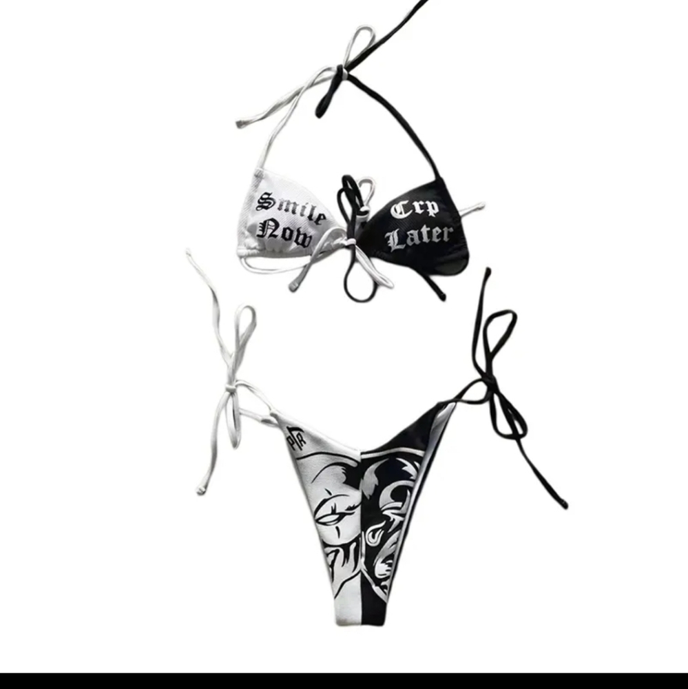Smile now cry later bathing suit,M, black and white - Picture 2 of 11